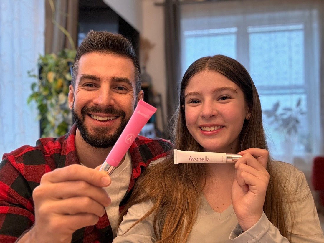 Vadim and his daughter holding the lip balms they created together