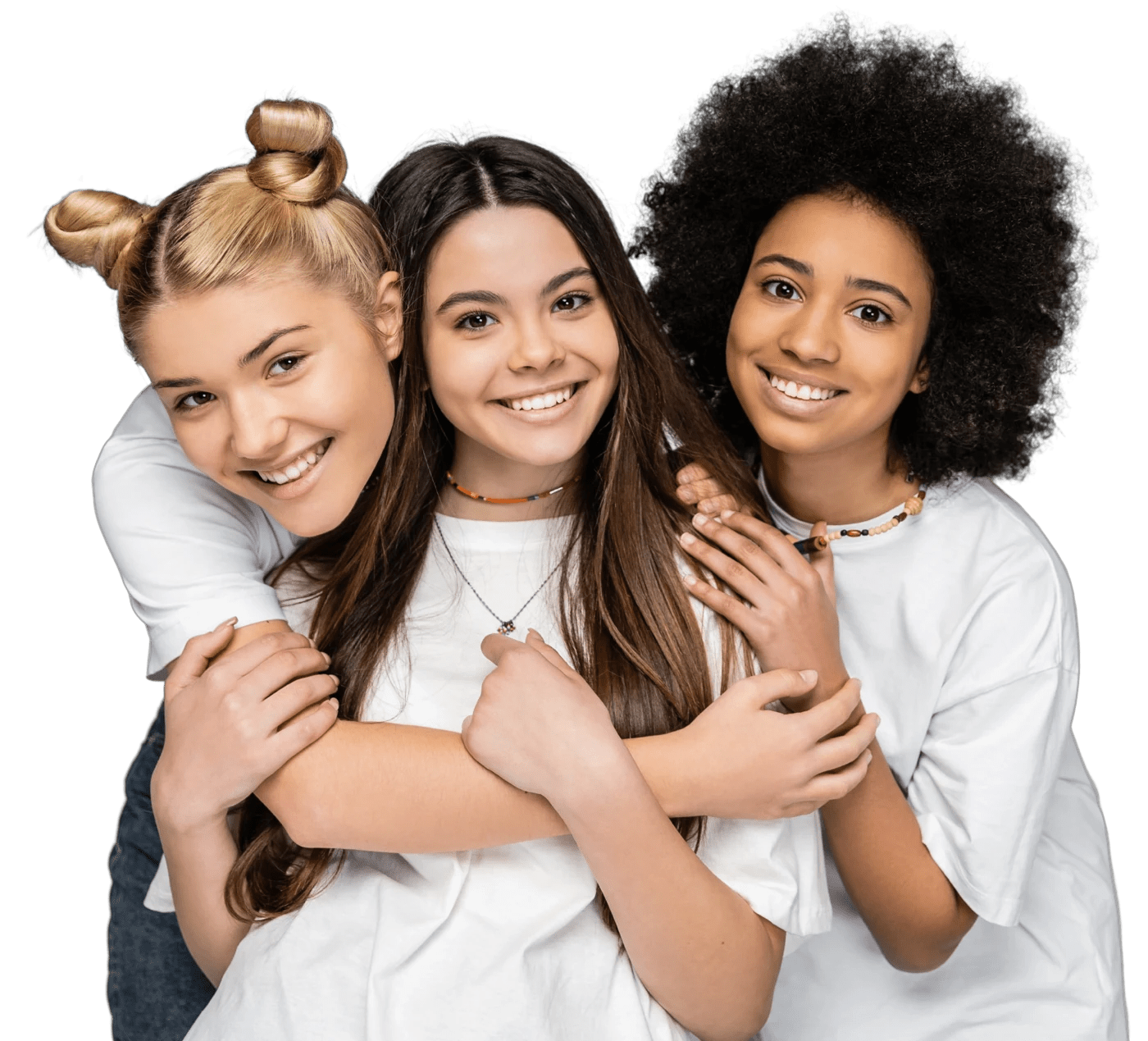 Three smiling friends hugging, holding their Avenella lip balms