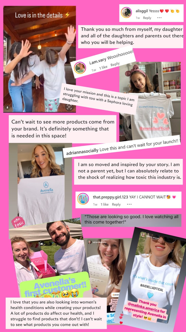 A collage of early comments, photos and Avenella T-shirts from our community