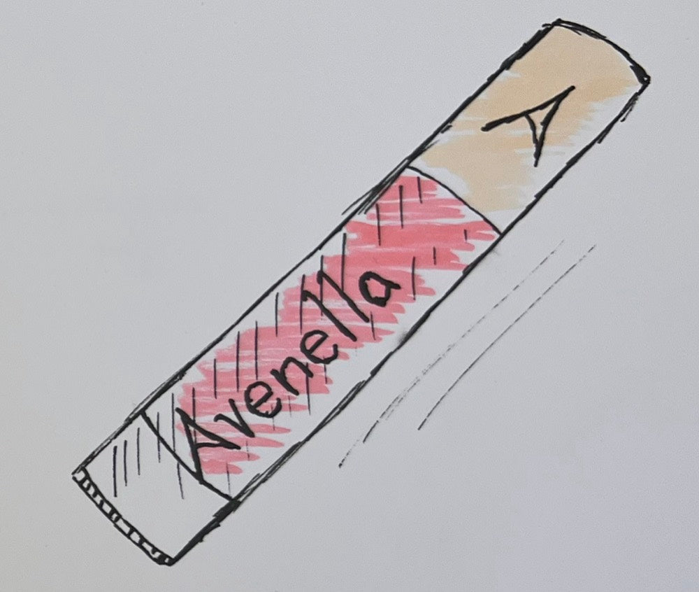 A sketch of a pink Avenella tube with the A on its cap