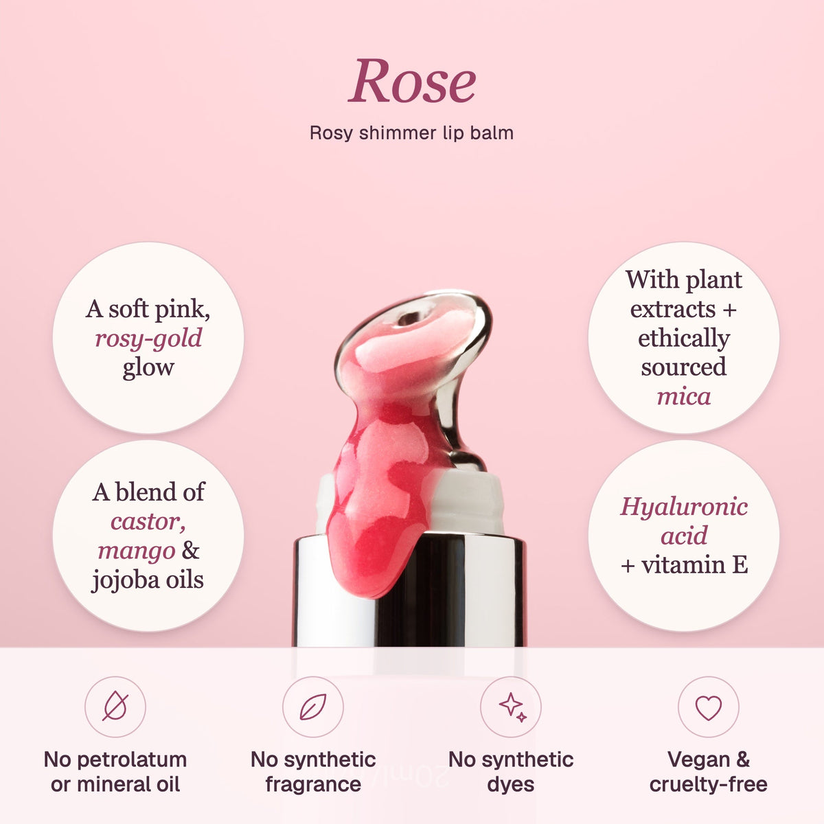 Avenella Rose lip balm: a soft pink, rosy-gold glow with plant extracts and ethically sourced mica, a blend of castor, mango and jojoba oils, hyaluronic acid and vitamin E