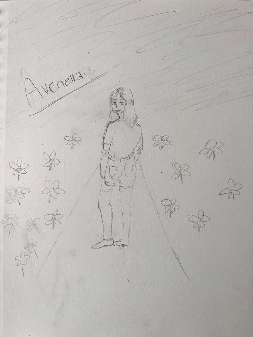 Noa's pencil drawing of a girl looking back along a road lined with flowers, with Avenella written above