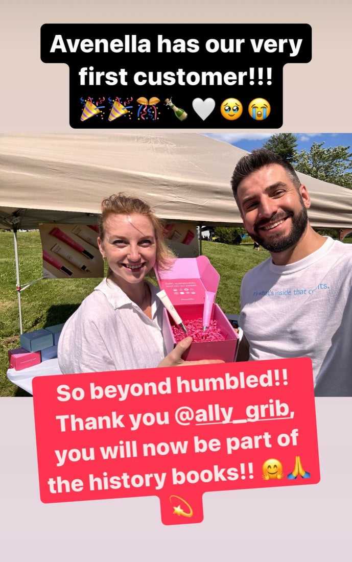 Instagram story: Avenella has our very first customer, with Vadim and the customer holding a pink Avenella box