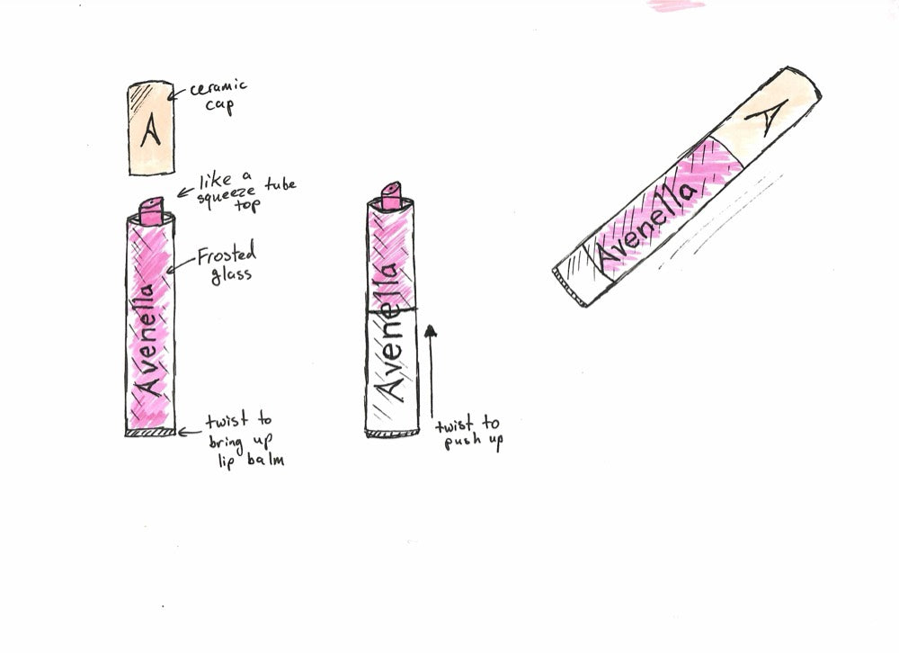 Early tube sketches with notes about a ceramic cap and frosted gloss